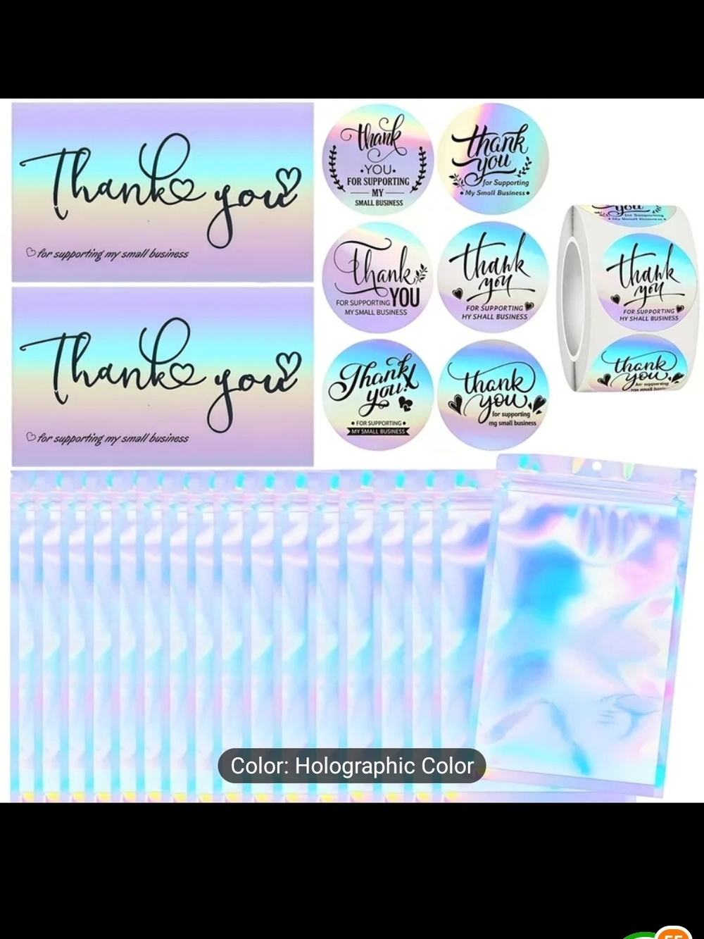 600 PCS Holographic Thank You Sticker/Cards & Pouch Bundle- New